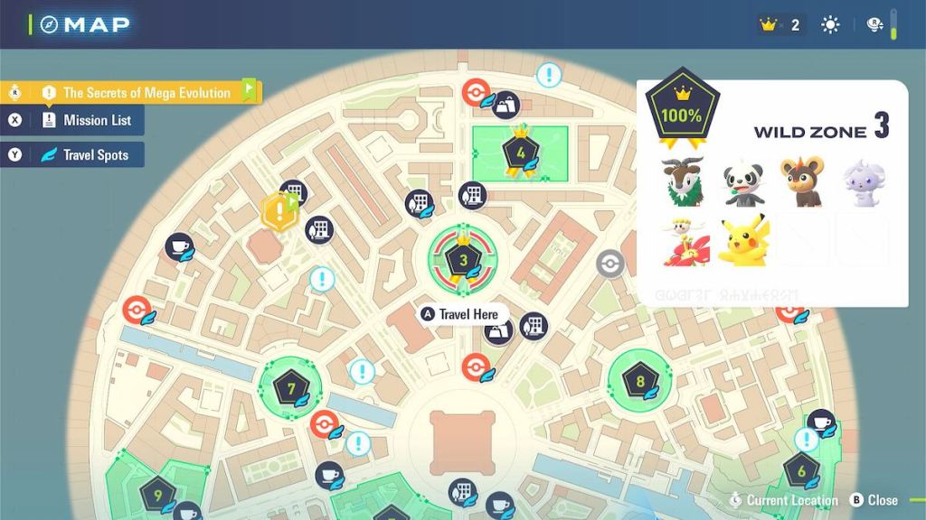 O mapa da cidade de Lumiose mostrando a Wild Zone 3