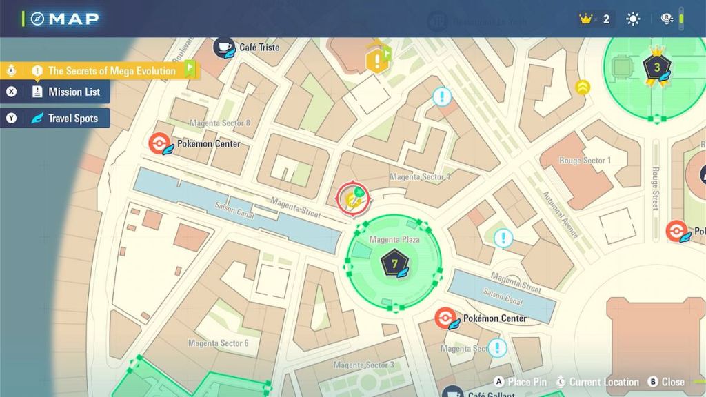 A localização no mapa da cidade de Lumiose onde você pode encontrar o Blue Flabébé
