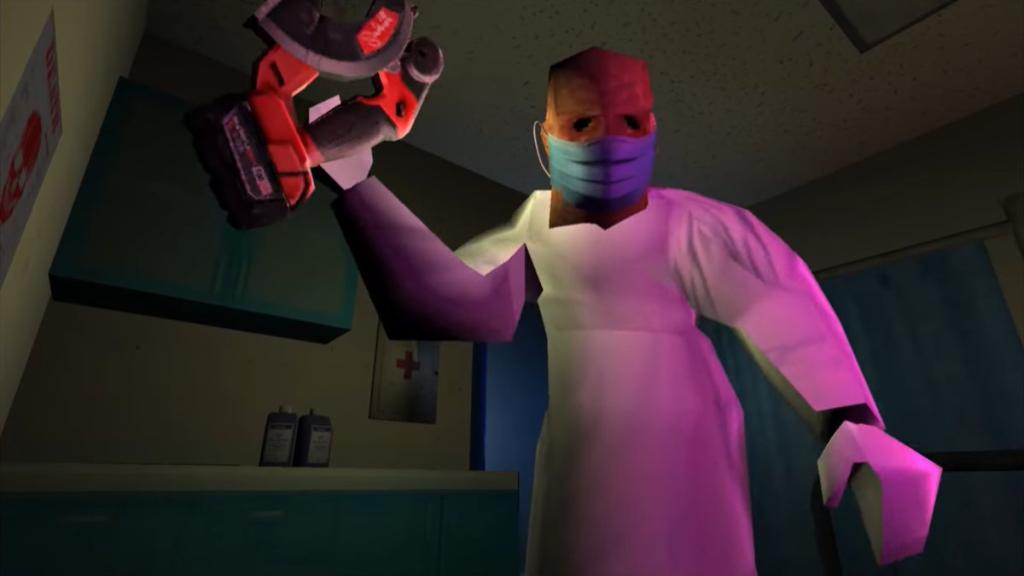 O médico segurando uma motosserra e usando a máscara Skinfreak na alucinação de Belle