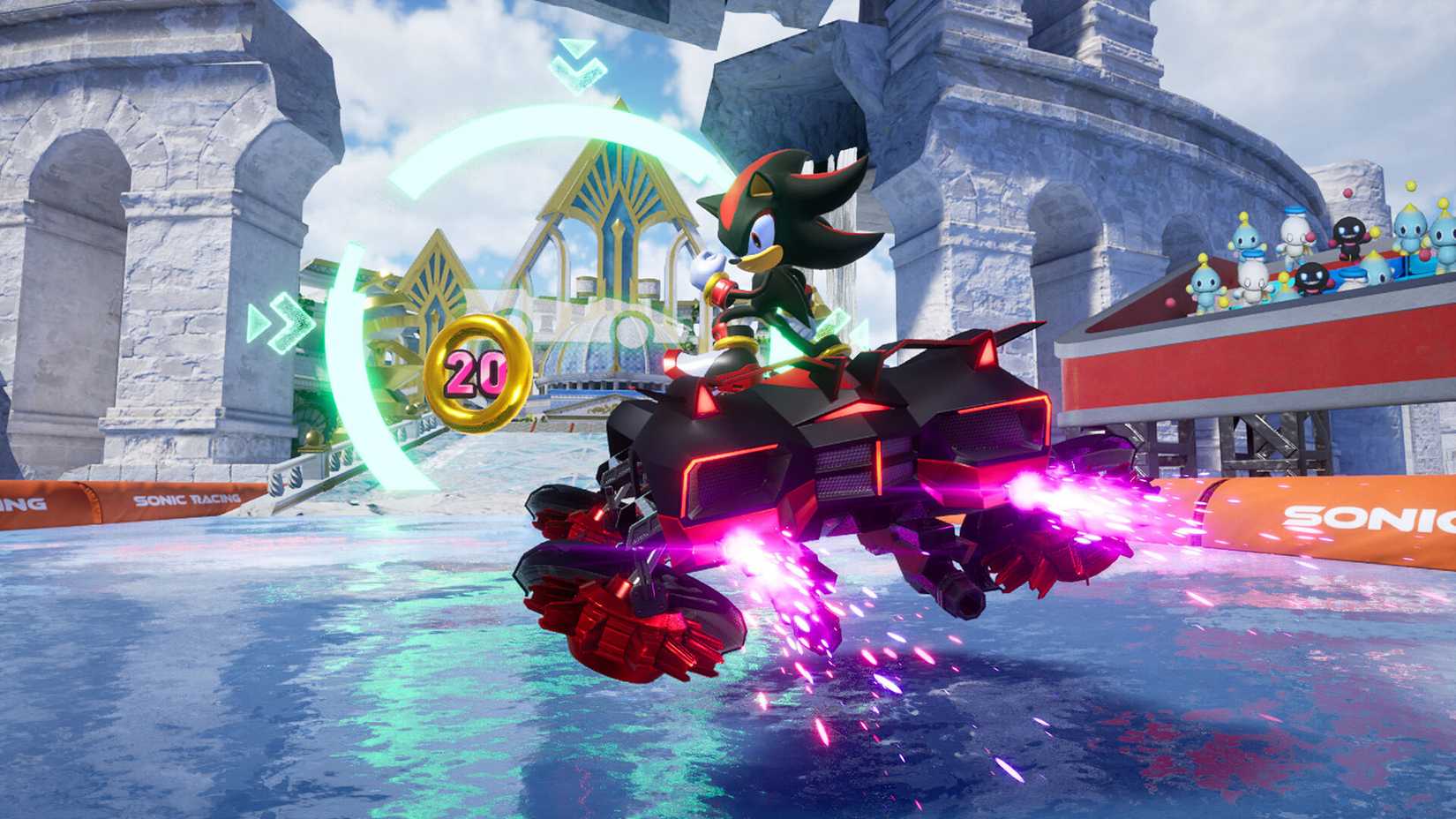 Uma captura de tela de Sonic: CrossWorlds mostrando Shadow em seu carro no modo água