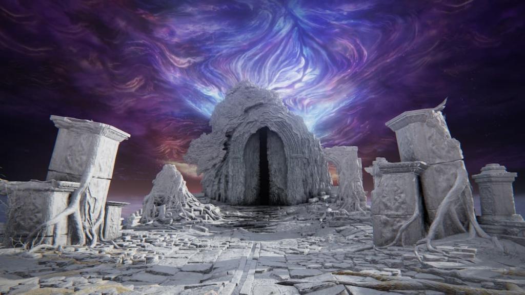 Portões em Nightreign com um céu roxo acima deles.