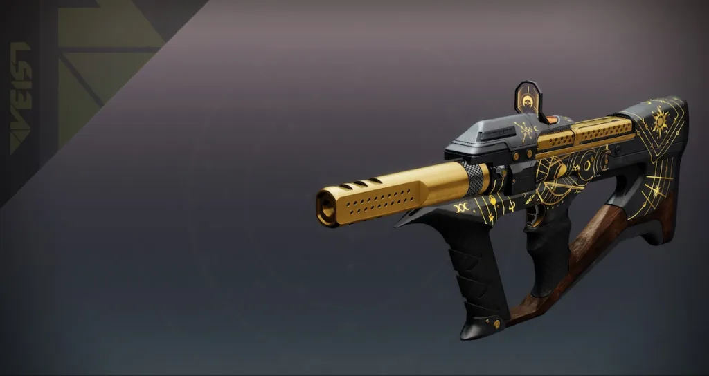Gunburn, um Veist SMG coberto de preto com símbolos misteriosos rabiscados em ouro.