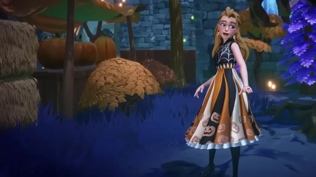 Jogador usando vestido assustador no Disney Dreamlight Valley