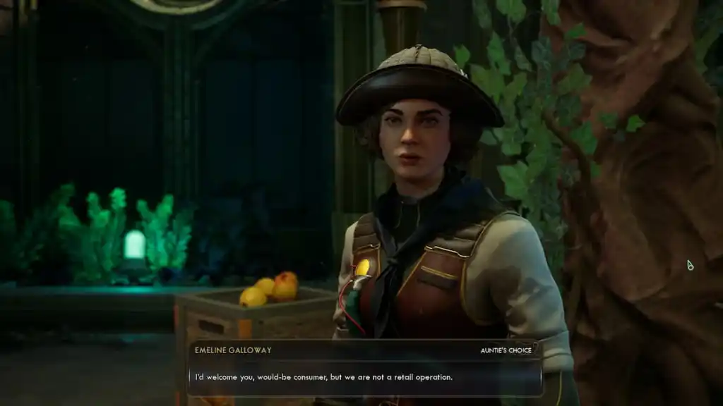 Um personagem falando em um jardim botânico em The Outer Worlds 2.