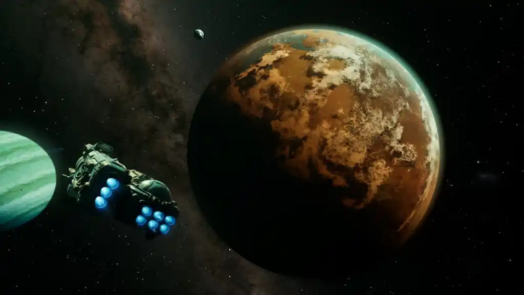 Uma lua enorme, com várias outras luas ao fundo em The Outer Worlds 2.