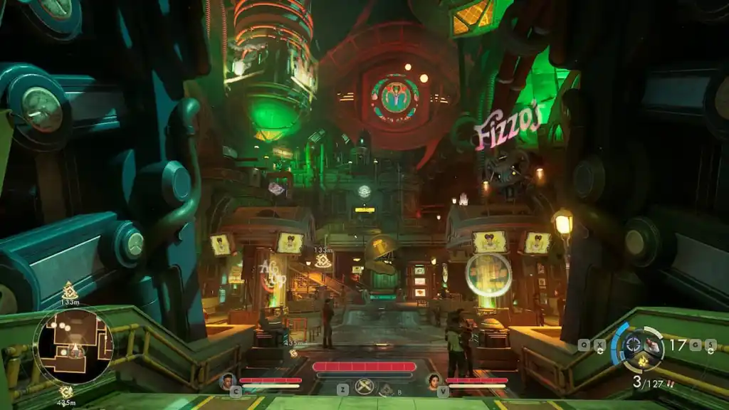 Um mercado de estação espacial em The Outer Worlds 2.