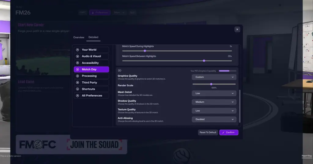 Melhores configurações gráficas no Football Manager 26