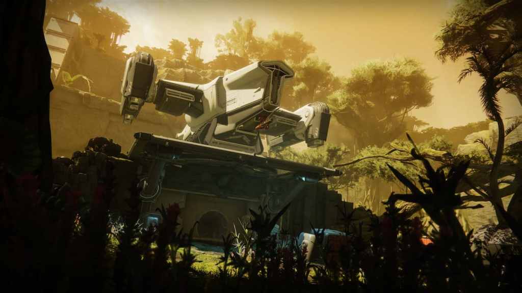 Uma mistura do corpo do Destiny 2 Pragmat Harrier com uma nave Star Wars estéril adjacente à Primeira Ordem. 