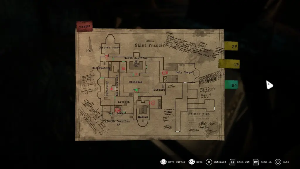 Localização da lâmina do serrote no mapa no Claustro