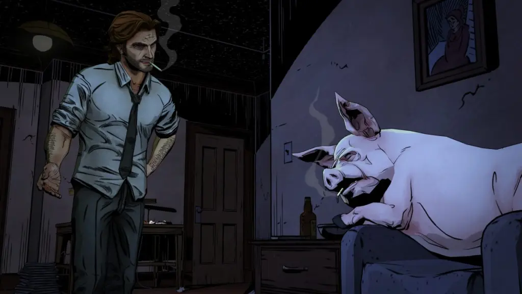 Lobo Mau falando com um dos Três Leitões em O Lobo Entre Nós.