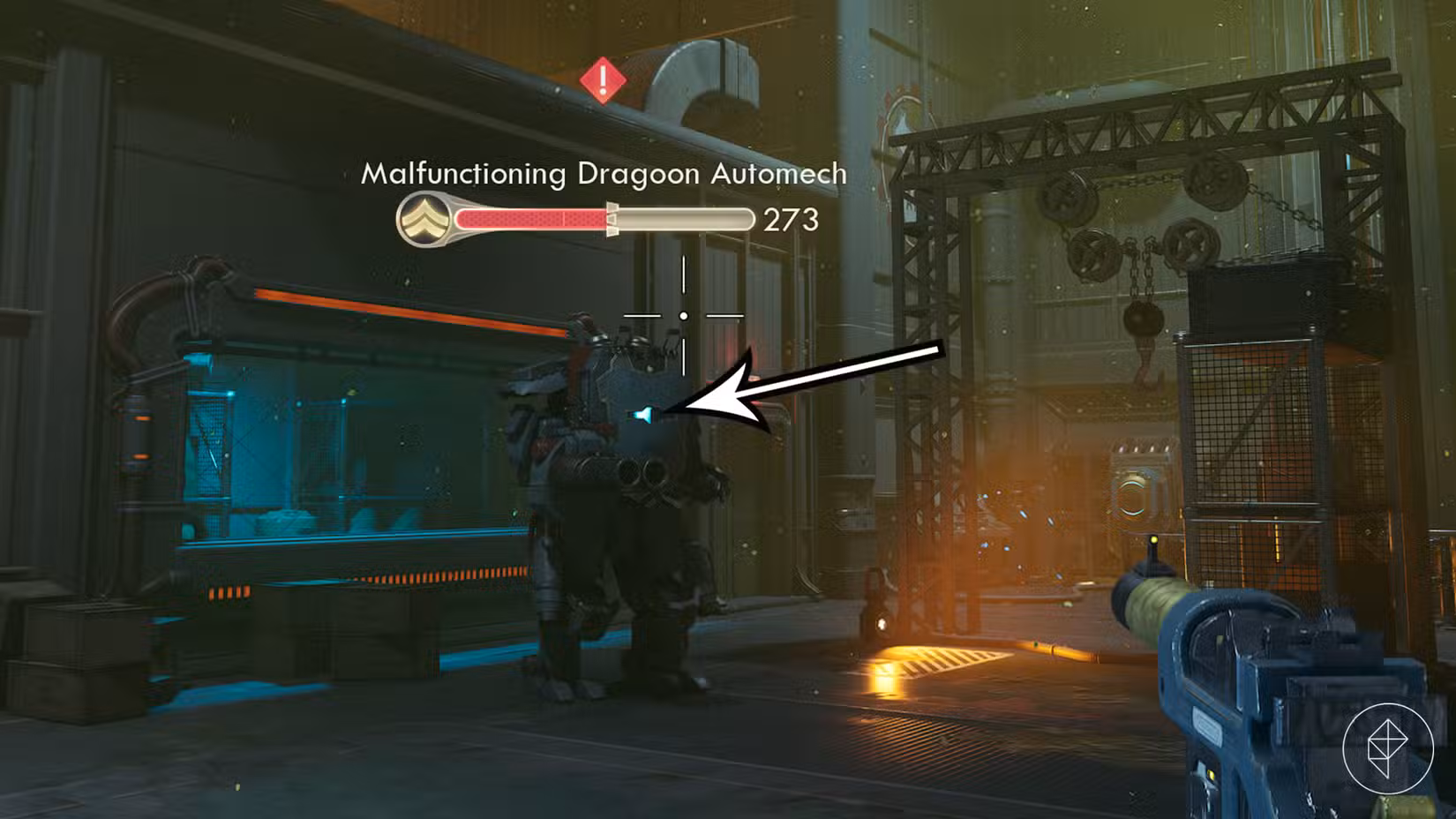 Um grande inimigo automecânico com um ponto fraco em The Outer Worlds 2.