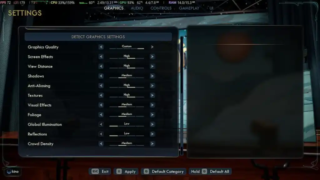 Tela de configurações gráficas em The Outer Worlds 2.