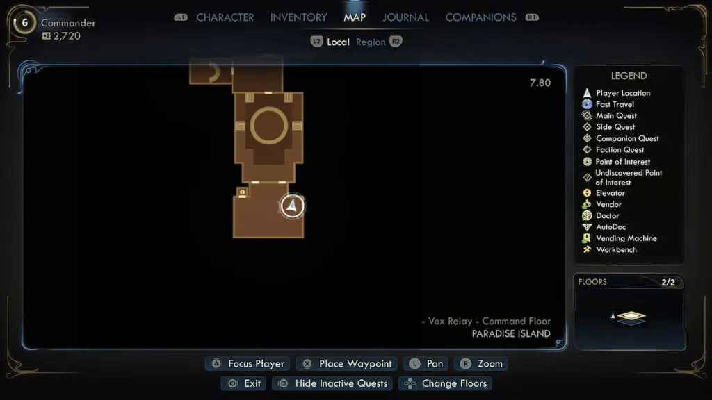 Localização do quarto seguro de Vries no mapa em Outer Worlds 2