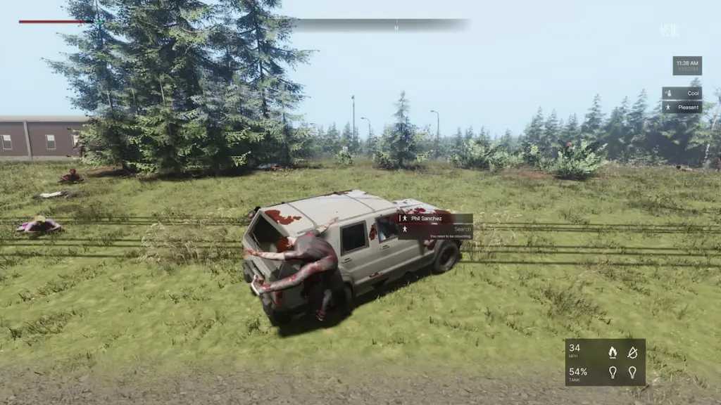 Um carro sangrento em um campo emaranhado em uma cerca com um zumbi em cima dele em Vein.