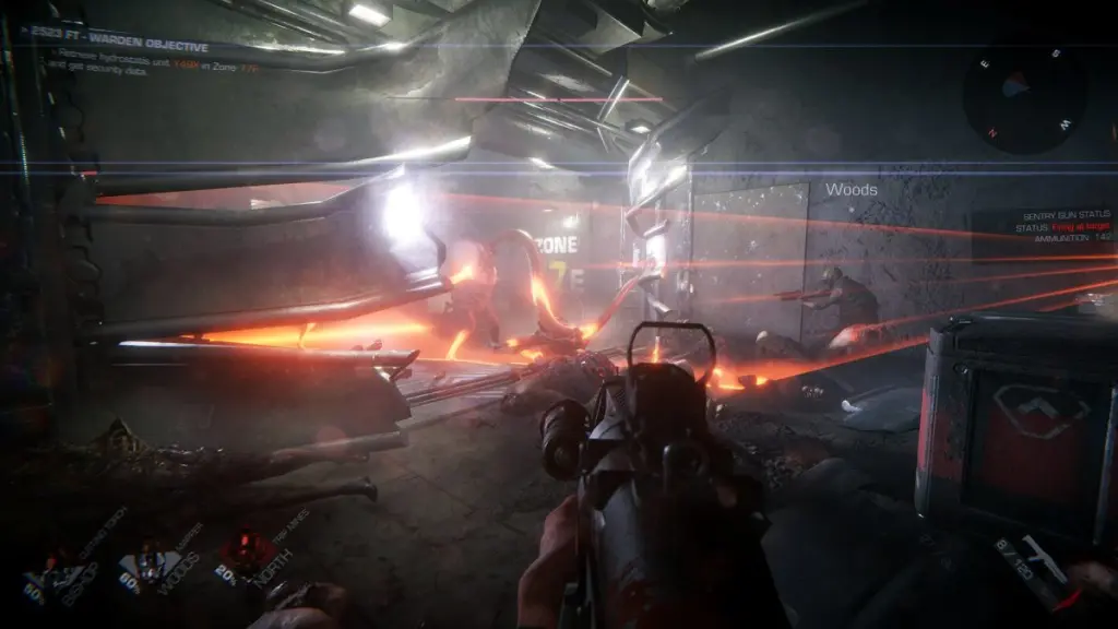 Uma cena caótica de um tiroteio em GTFO.