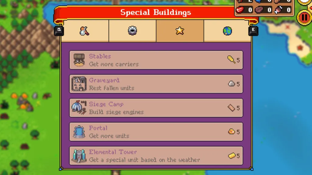 O menu de edifícios em Super Fantasy Kingdom.