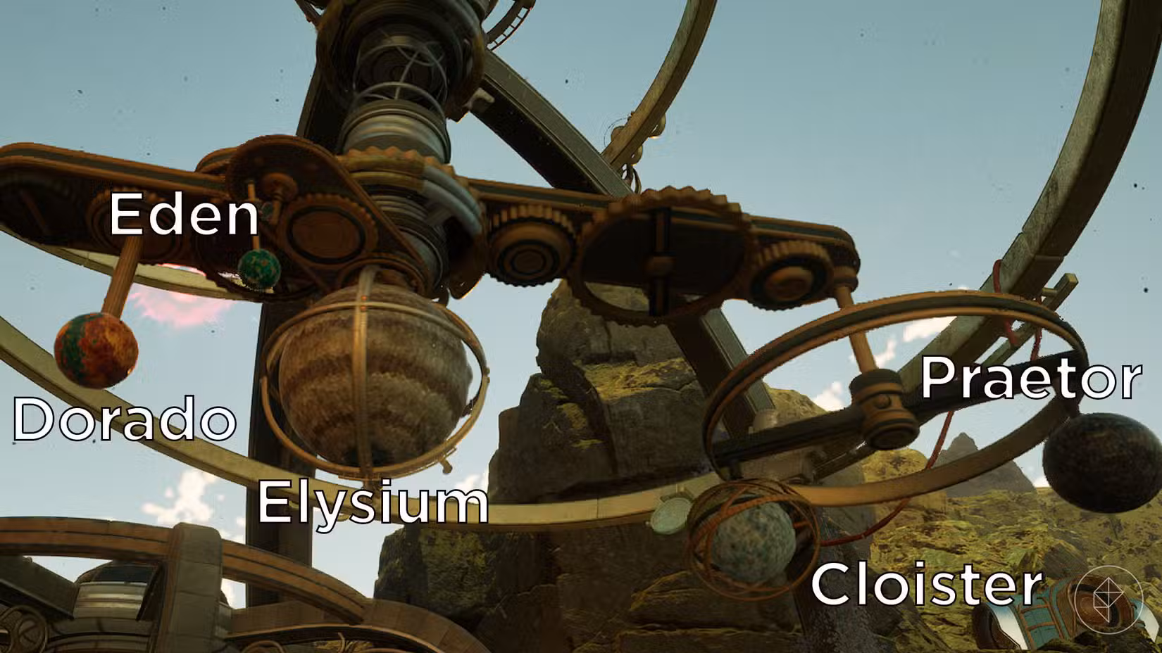 Uma versão rotulada do planetário do observatório em The Outer Worlds 2.