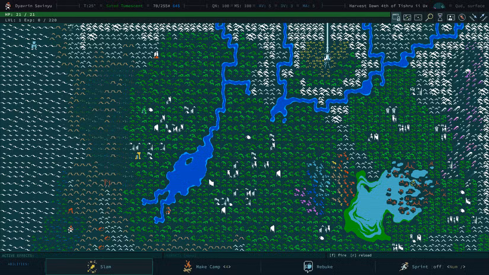 Um mapa grande e de baixa resolução em estilo ASCII em Caves of Quid