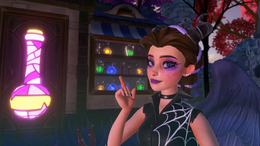 apontando para uma casa de poções no Disney Dreamlight Valley