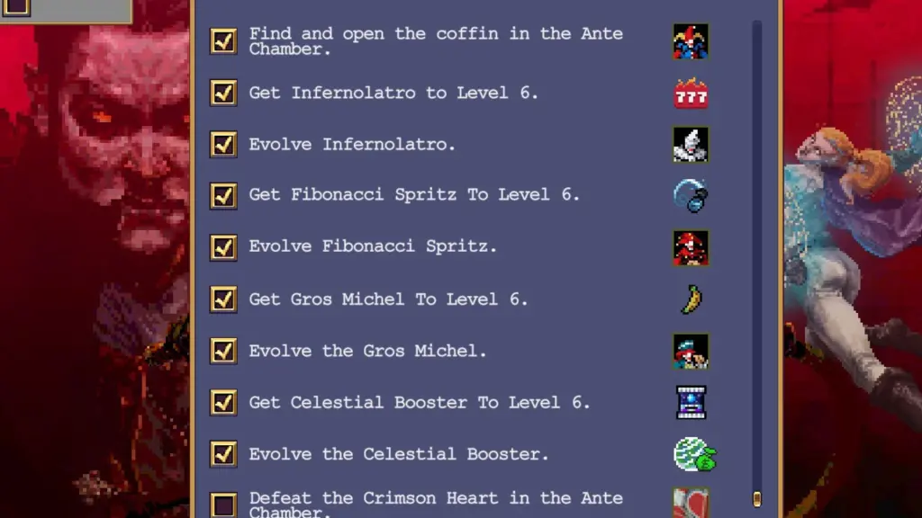 A janela de conquistas em Vampire Survivors mostrando as conquistas de Balatro