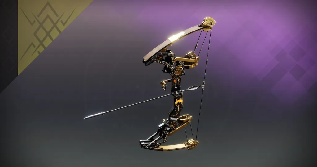 O arco de precisão Hushed Whisper em Destiny 2, com seu habitual tema preto com padrões misteriosos rabiscados em ouro.