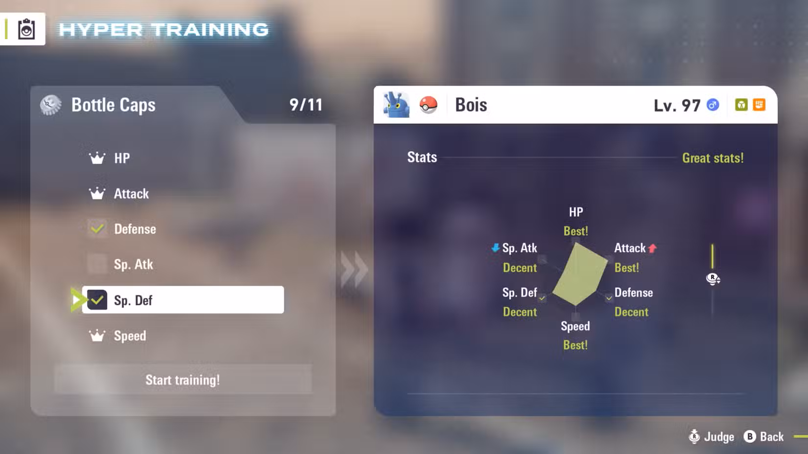 O menu Hyper Training, mostrando o jogador selecionando os dois tipos de defesa para aumentar em Bois the Heracross em Pokémon Legends: ZA.