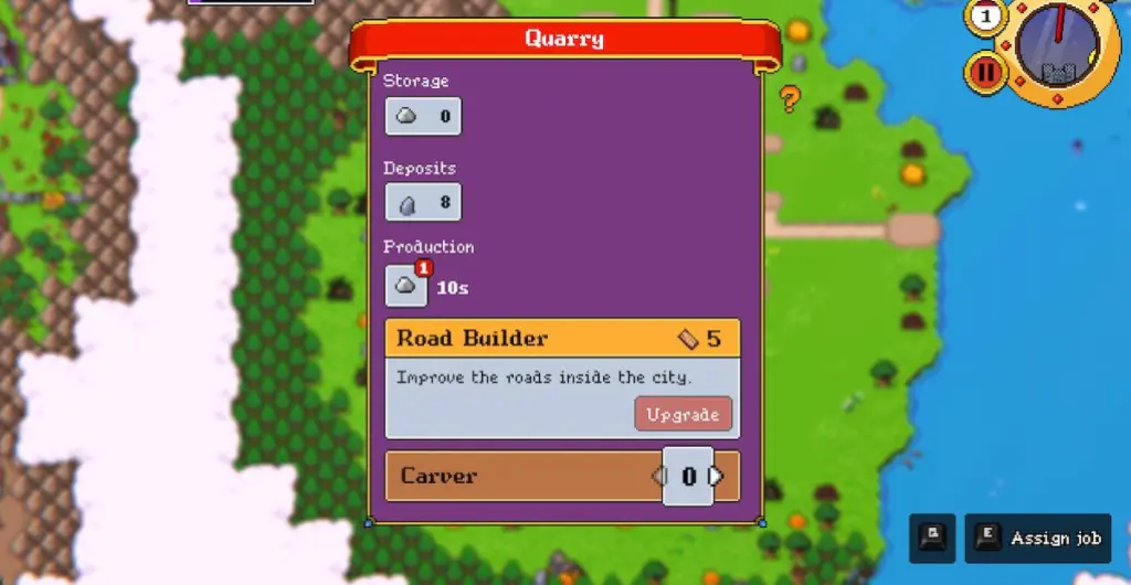 O menu Quarry no Super Fantasy Kingdom mostrando a opção de atualizá-lo para adicionar um Road Builder.