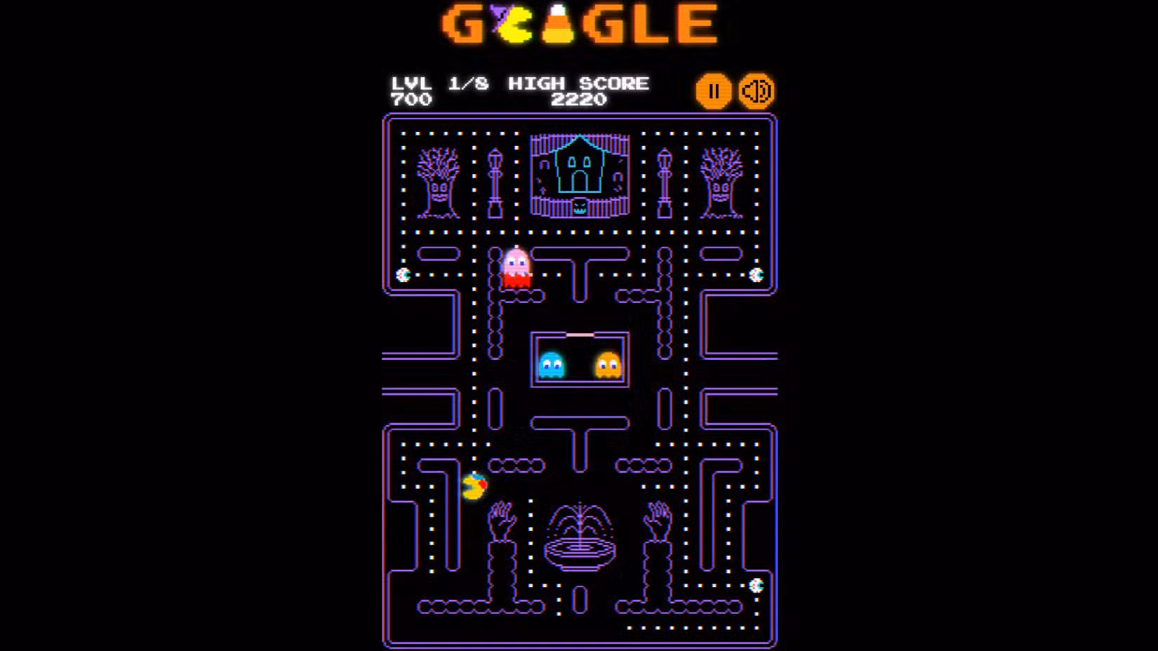 A edição Pac-Man: Halloween 2025 apresenta uma paleta de cores roxa e uma estética de Halloween.