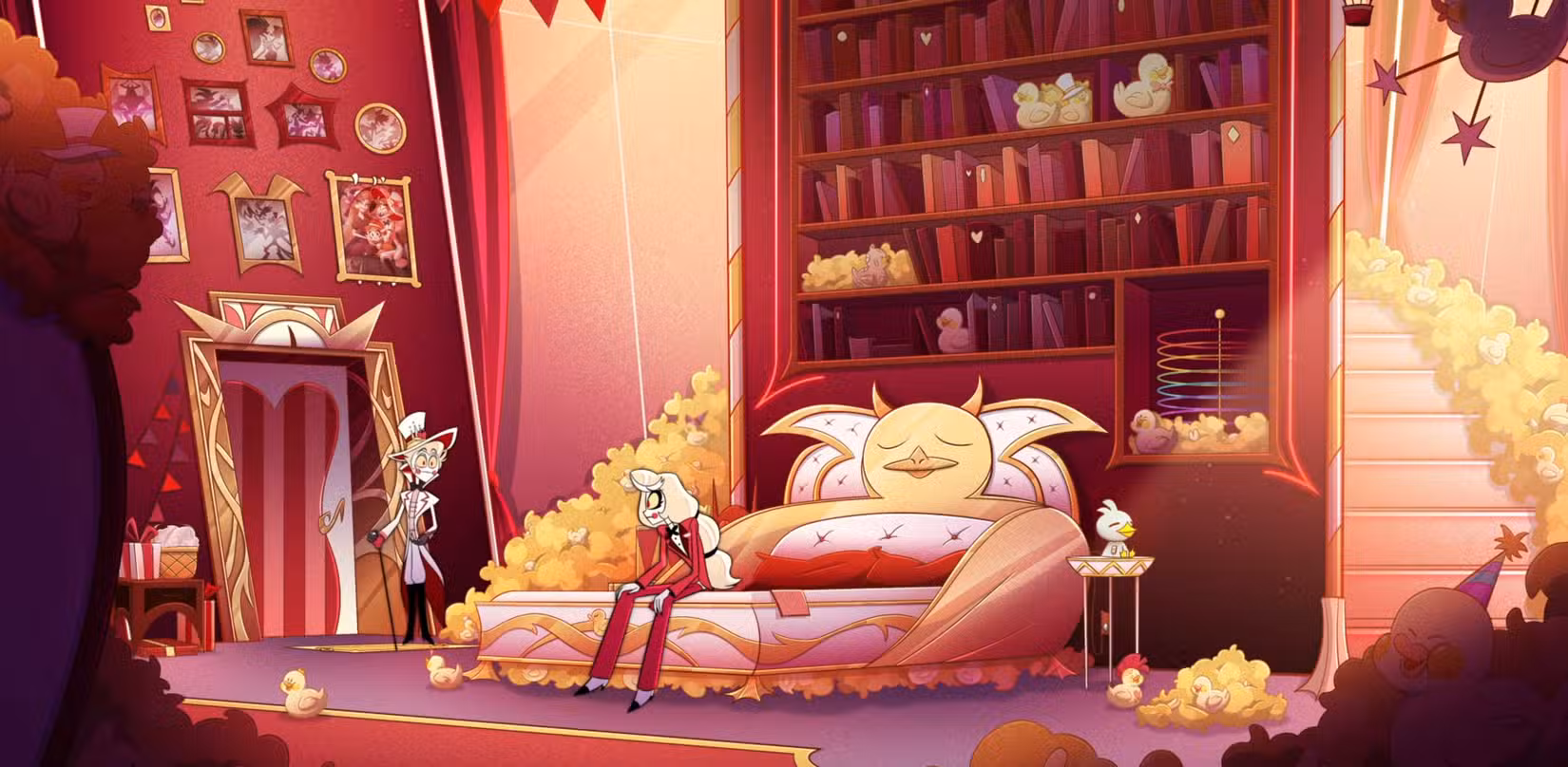 O anjo caído Lúcifer Morningstar e sua filha Charlie no quarto de Lúcifer, que possui uma cama macia com encosto de pato, enormes montes de patos de borracha em cada canto, bugigangas de pato nas estantes e um móbile de pato