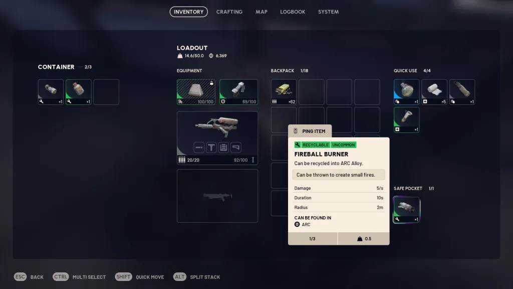 Uma tela de inventário destacando o item Fireball Burners em ARC Raiders.
