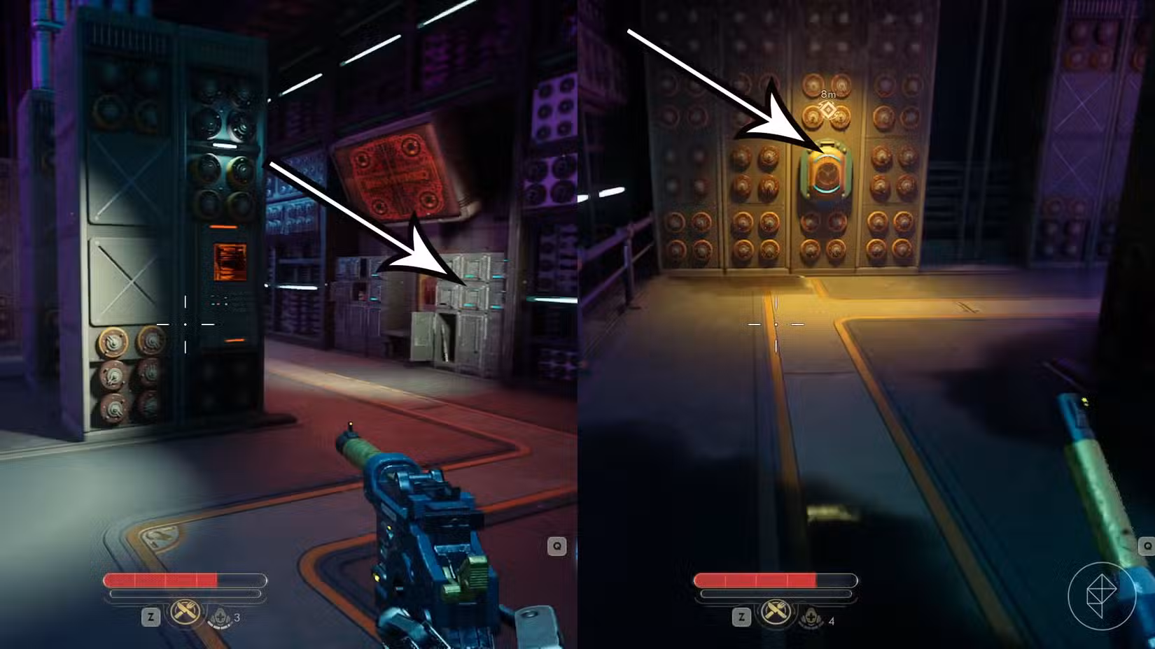 Uma montagem de duas capturas de tela de The Outer Worlds 2 mostrando o local onde você encontra o Manual do Transformador para sabotar o transformador na rota Central Dispatch