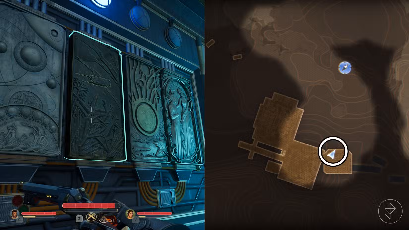 Uma montagem de duas capturas de tela de The Outer Worlds 2 mostrando a localização do pedaço do mural número 3
