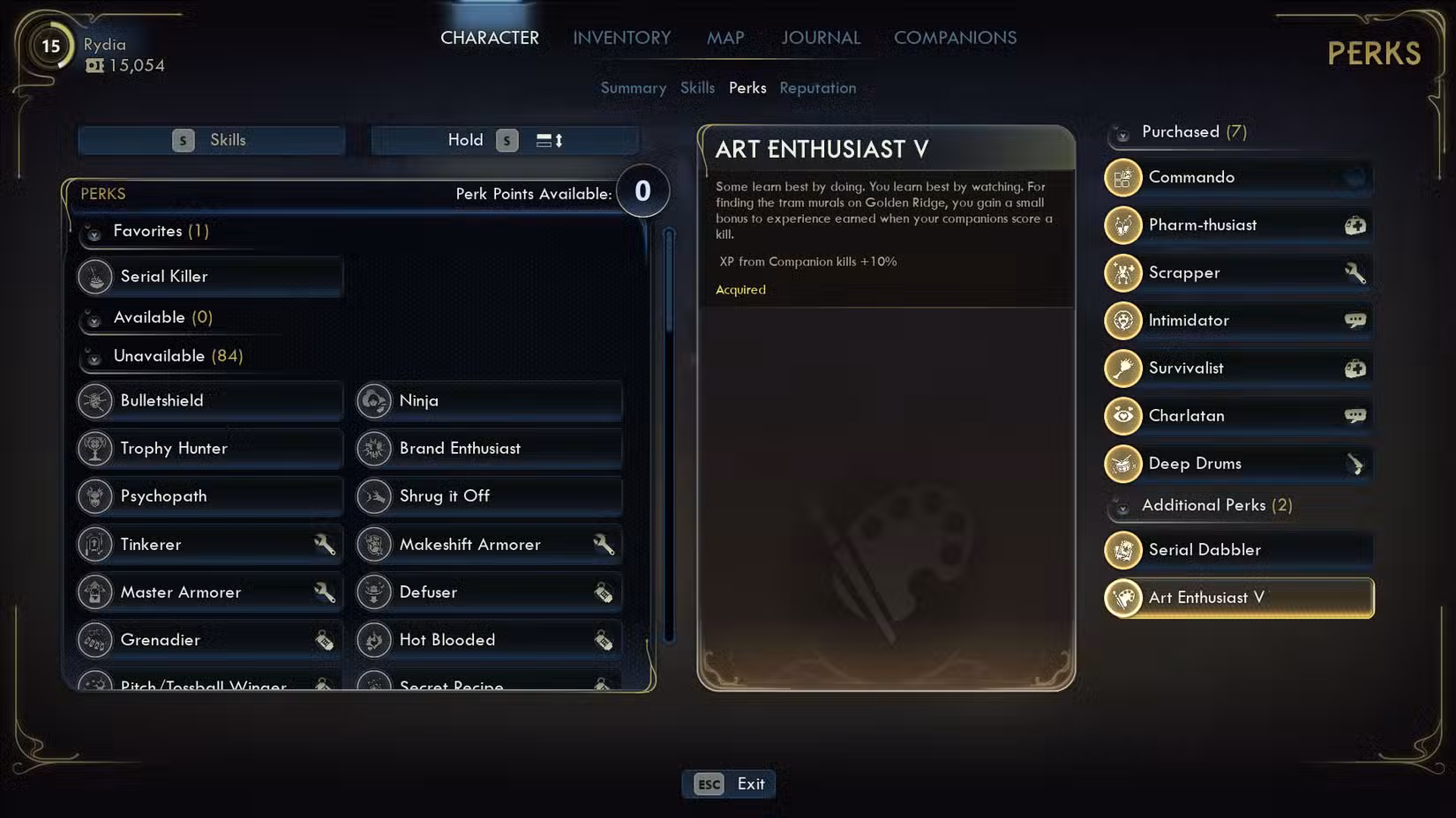 A The Outer Worlds 2 mostrando o menu de vantagens e a descrição do privilégio Art Enthusiast V.