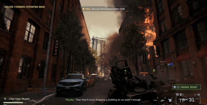Um soldado marcha através de Dumbo devastado pela guerra em Battlefield 6.