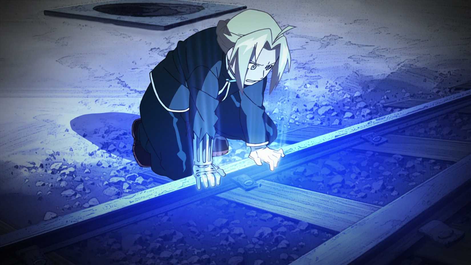 Edward começando a usar alquimia em uma ferrovia