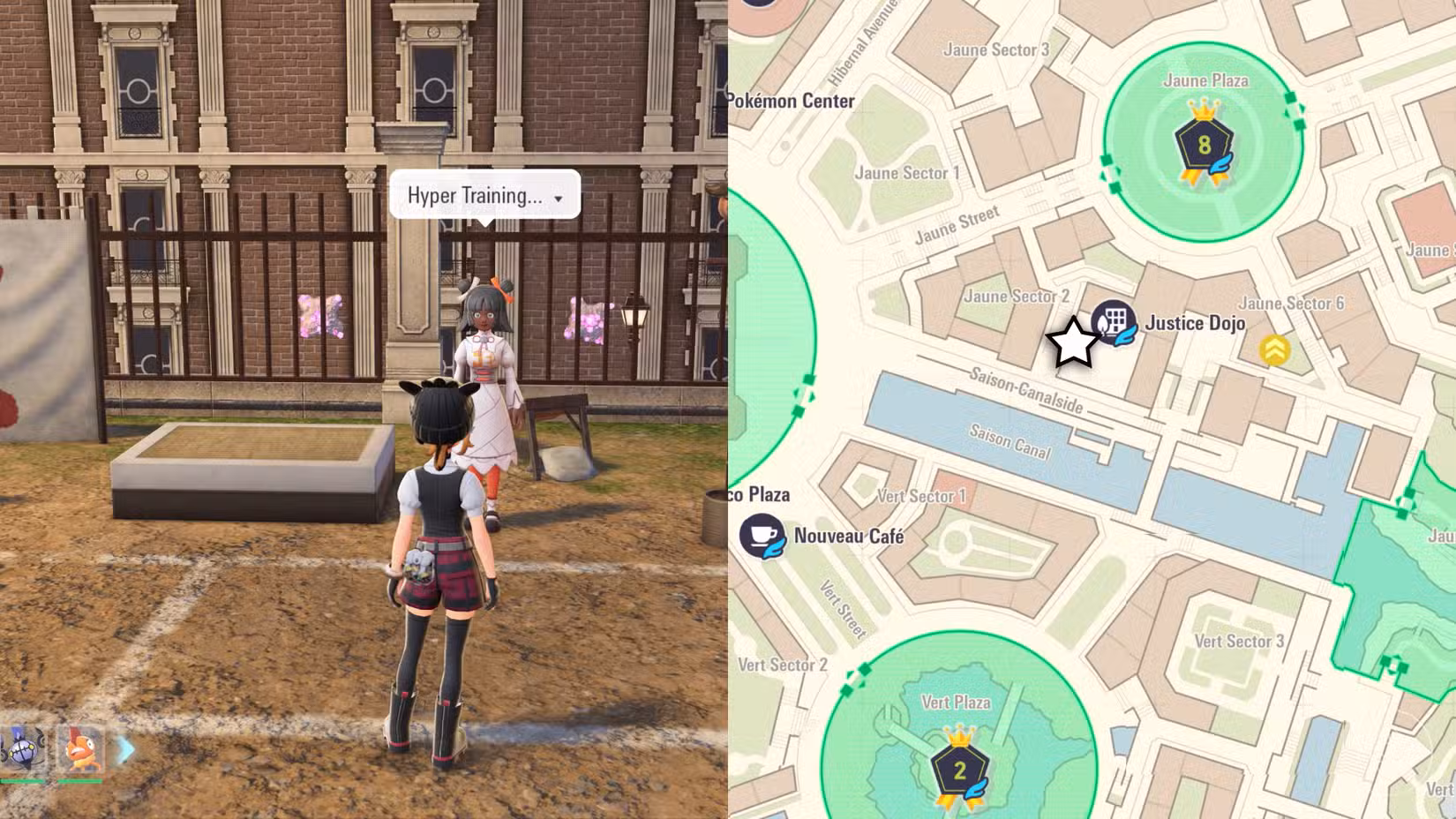 Uma mulher está à beira do Justice Dojo oferecendo Hyper Training em Pokémon Legends: ZA.