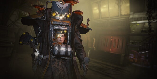 Nightcap, um vendedor de Fortuna em um corpo exo, com a placa no peito aberta.