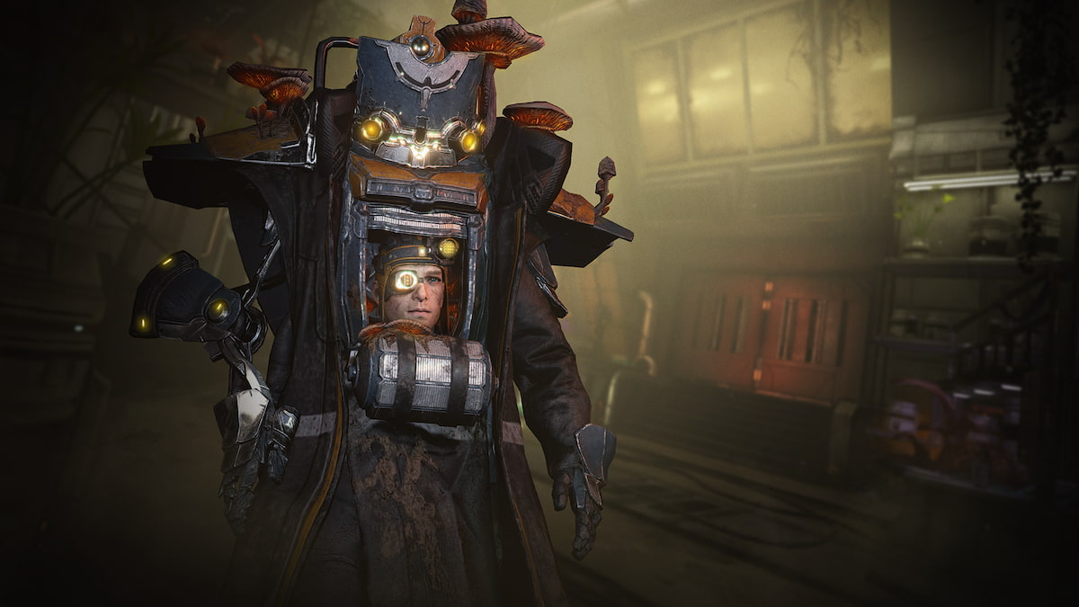 Nightcap, um vendedor de Fortuna em um corpo exo, com a placa no peito aberta.