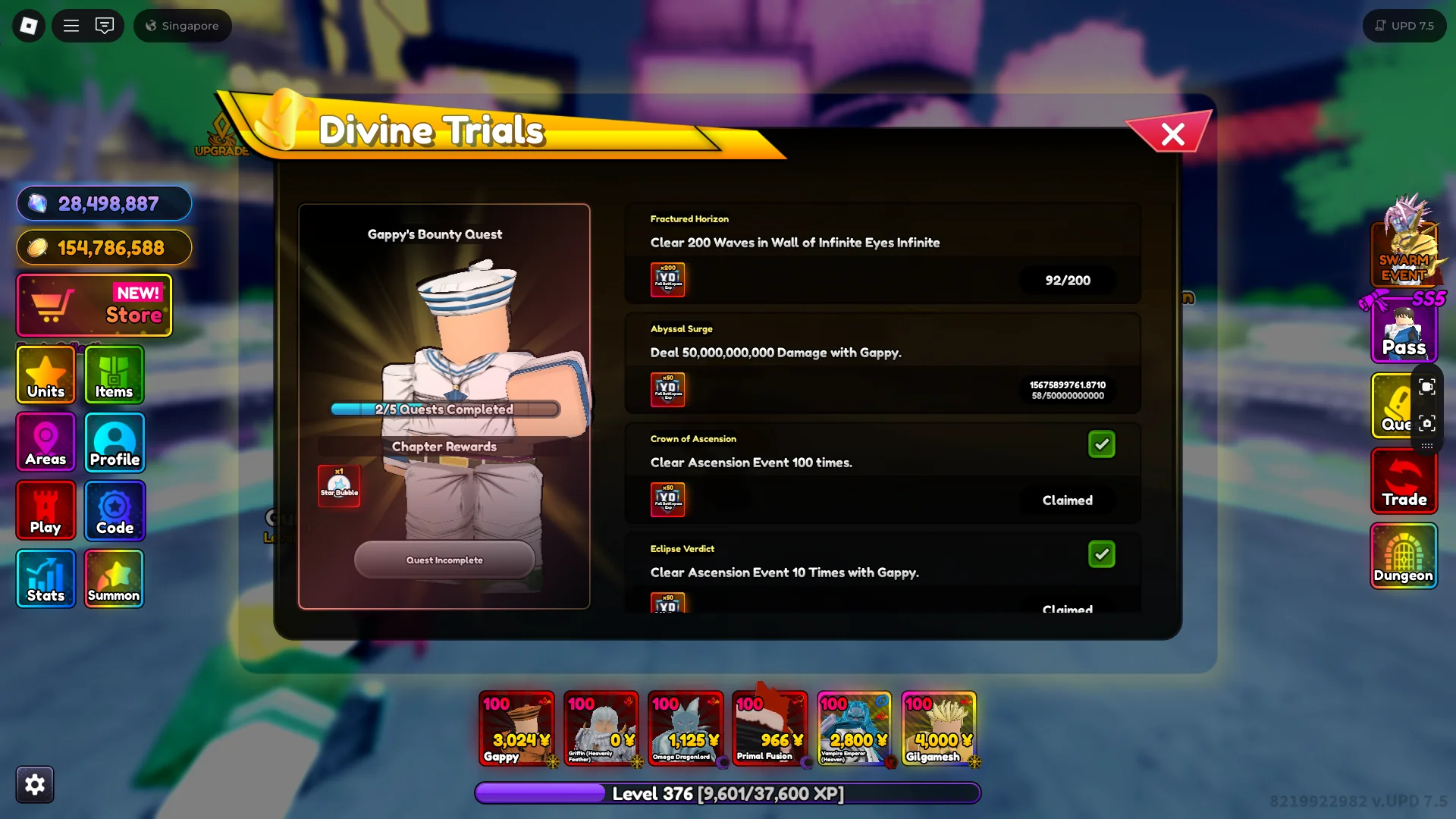 Visualização das missões de recompensas de ensaios divinos necessários para obter o material de evolução da bolha da estrela para Gappy in Anime Rangers x Roblox Experience.