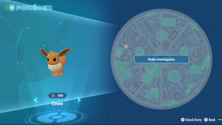 Um menu mostra as informações do Pokémon Eevee em Pokémon Legends: Za