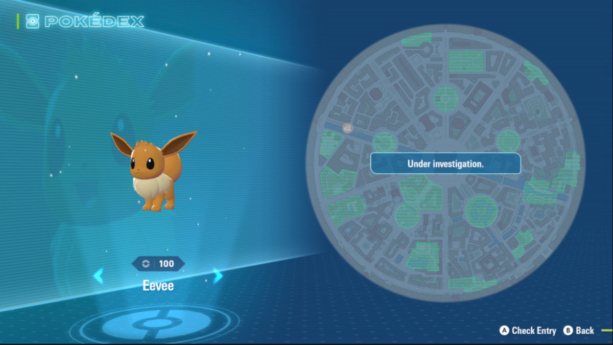 Um menu mostra as informações do Pokémon Eevee em Pokémon Legends: Za