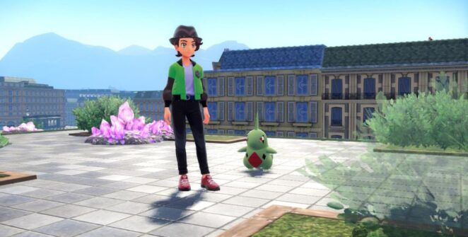 Um treinador ao lado de Larvitar em Pokémon Legends: ZA.