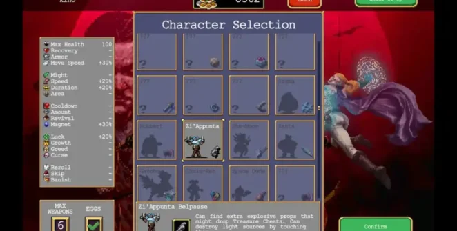 Tela de seleção de personagens em Vampire Survivors.