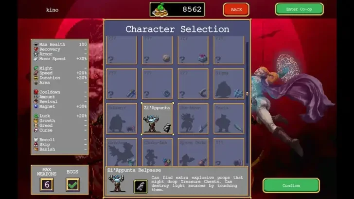 Tela de seleção de personagens em Vampire Survivors.