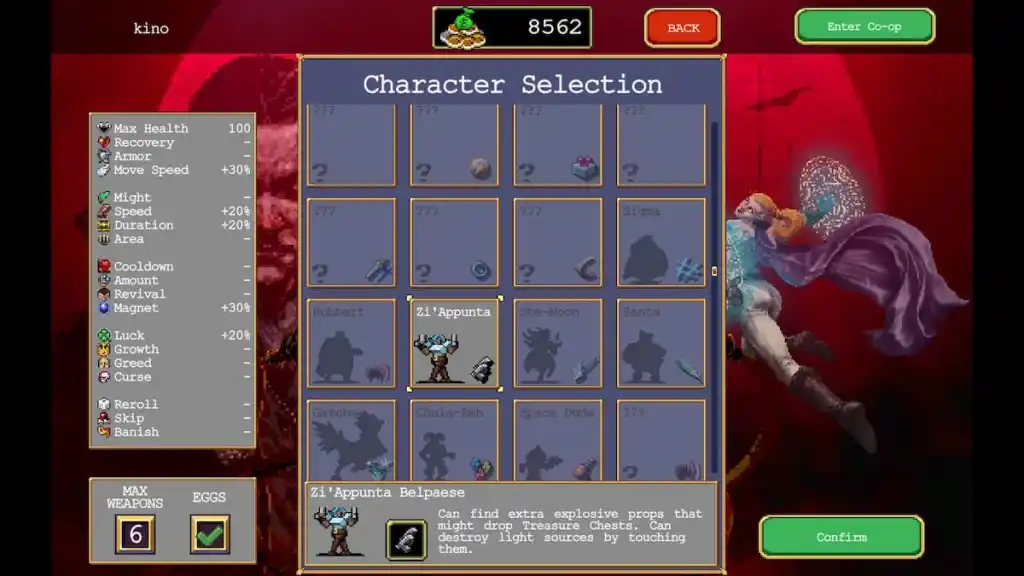Tela de seleção de personagens em Vampire Survivors.