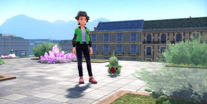 Um treinador ao lado de Larvitar em Pokémon Legends: ZA.