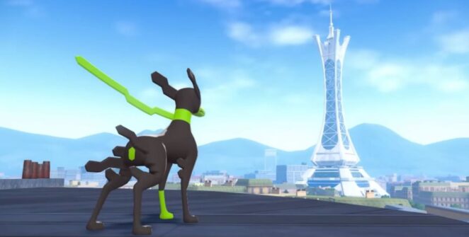 Zygarde olhando para a torre Lumiose em Legends ZA
