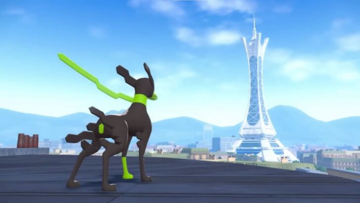 Zygarde olhando para a torre Lumiose em Legends ZA
