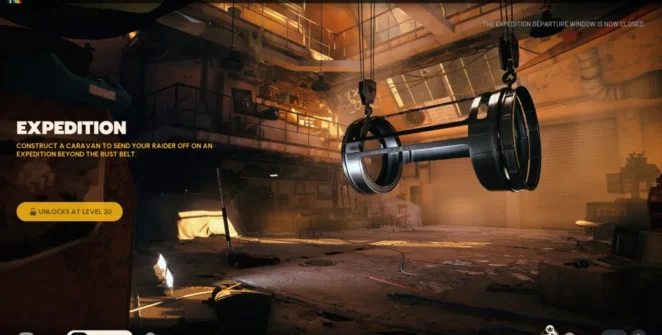Um hangar com chassi pendurado no teto em ARC RAiders.