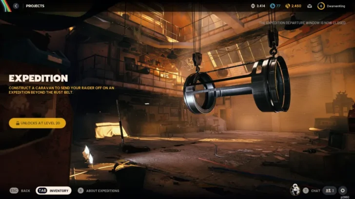 Um hangar com chassi pendurado no teto em ARC RAiders.